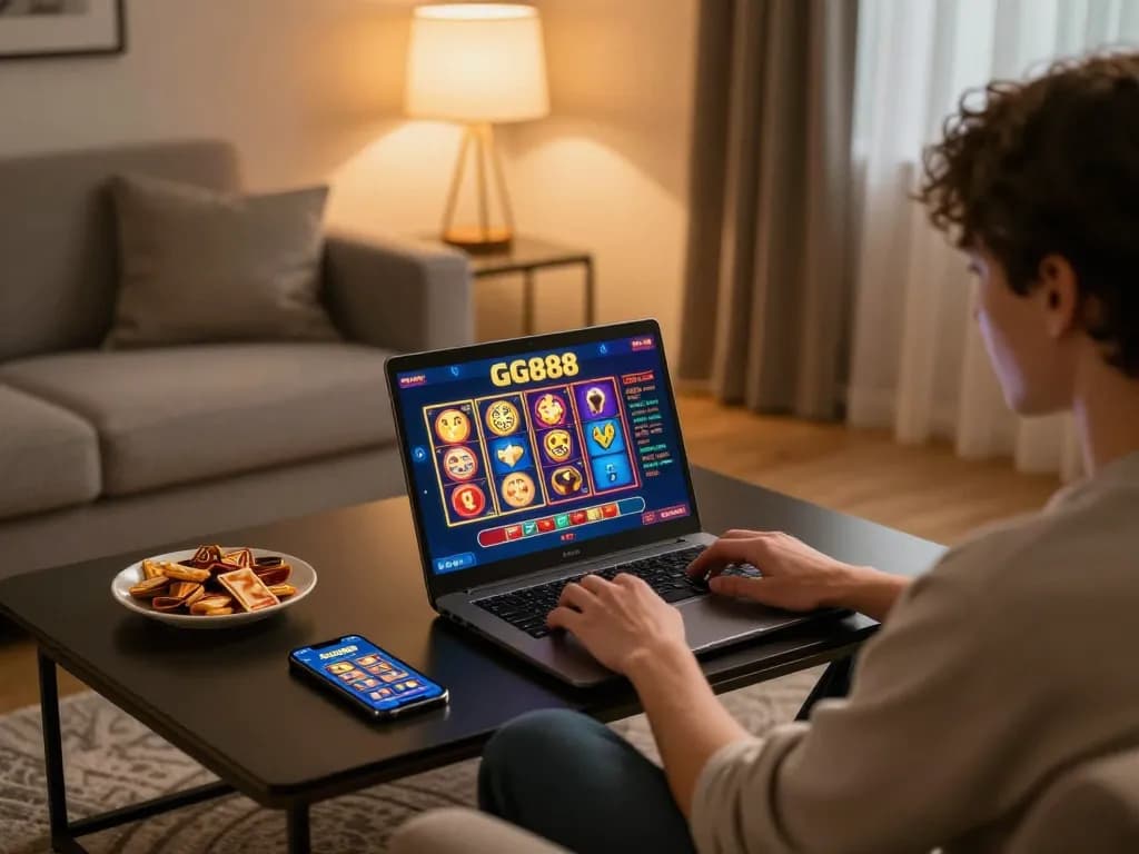 Engaged player exploring GG888 online slots from the comfort of a modern living room.