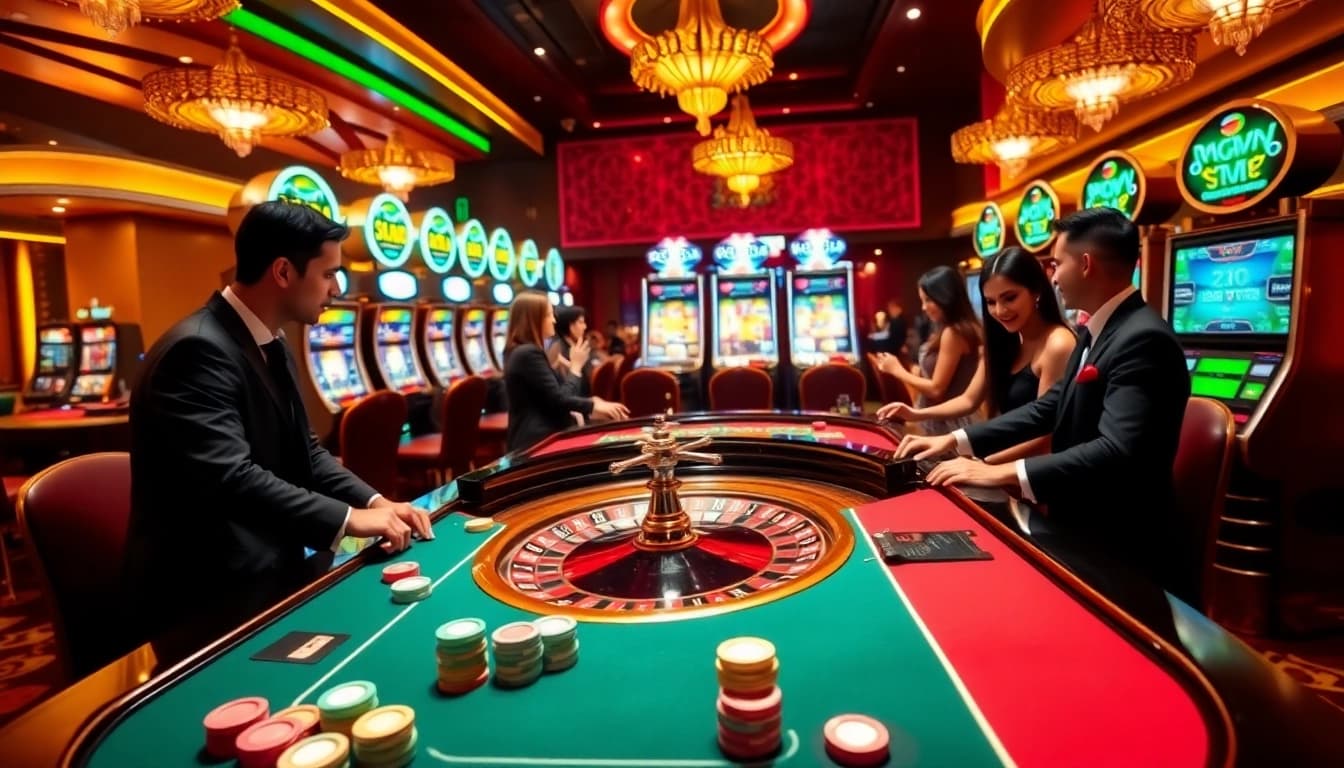 Kuwin casino scene with players enjoying roulette and vibrant slot machines