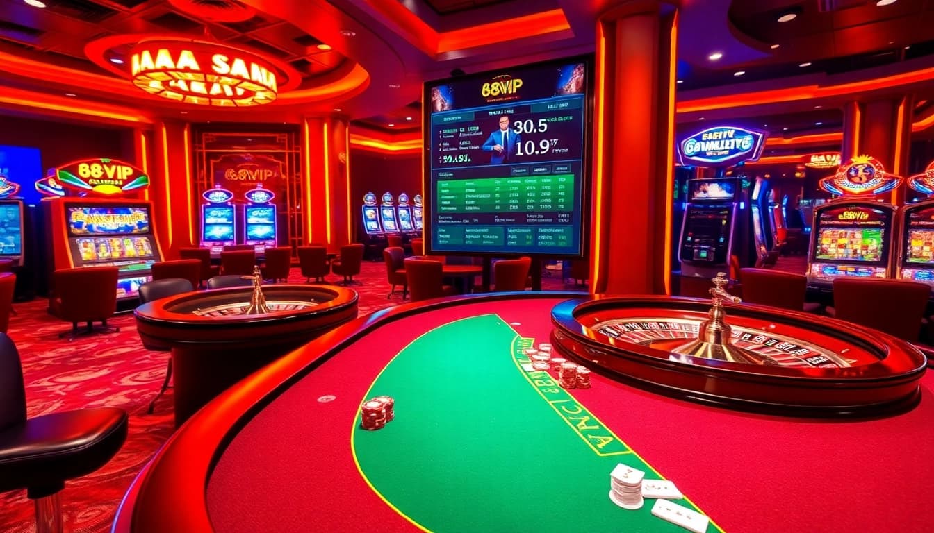 Engaging casino scene with 68VIP promotions and poker action, showcasing excitement and professionalism.