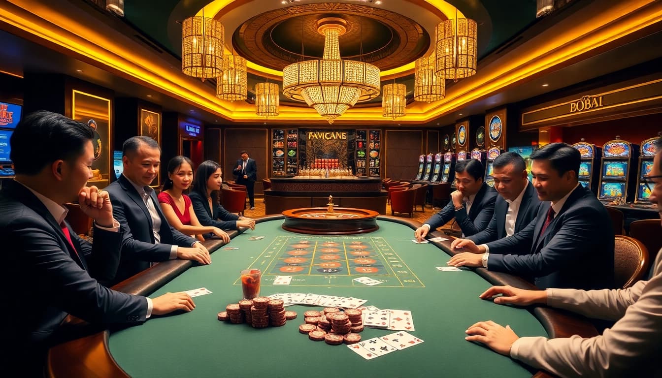 Gamblers enjoying an exciting game at 68 Game Bài casino, highlighted by colorful poker chips and cards.