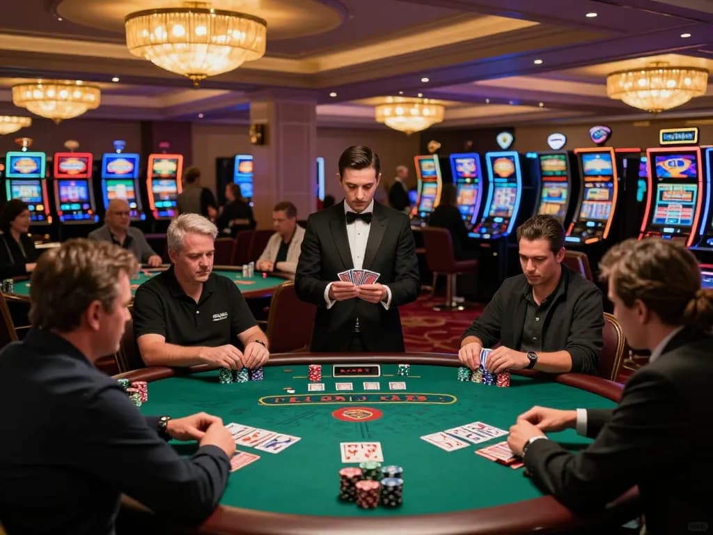 Players engage at a blackjack table in an upscale casino showcasing strategy and excitement, 5679 in focus.
