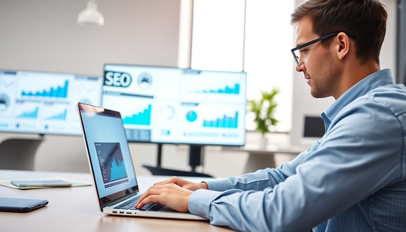 SEO specialist working on data analysis in a modern office environment.
