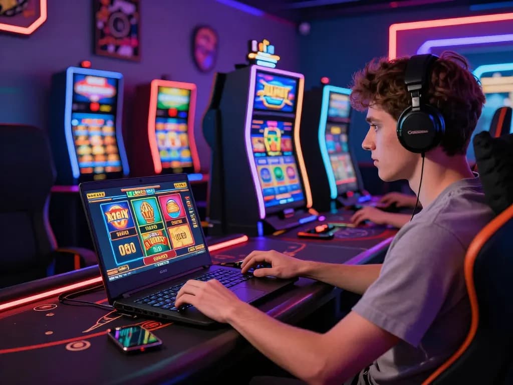 Engaging scene of a gamer using hitclub on a laptop in a vibrant online casino environment.