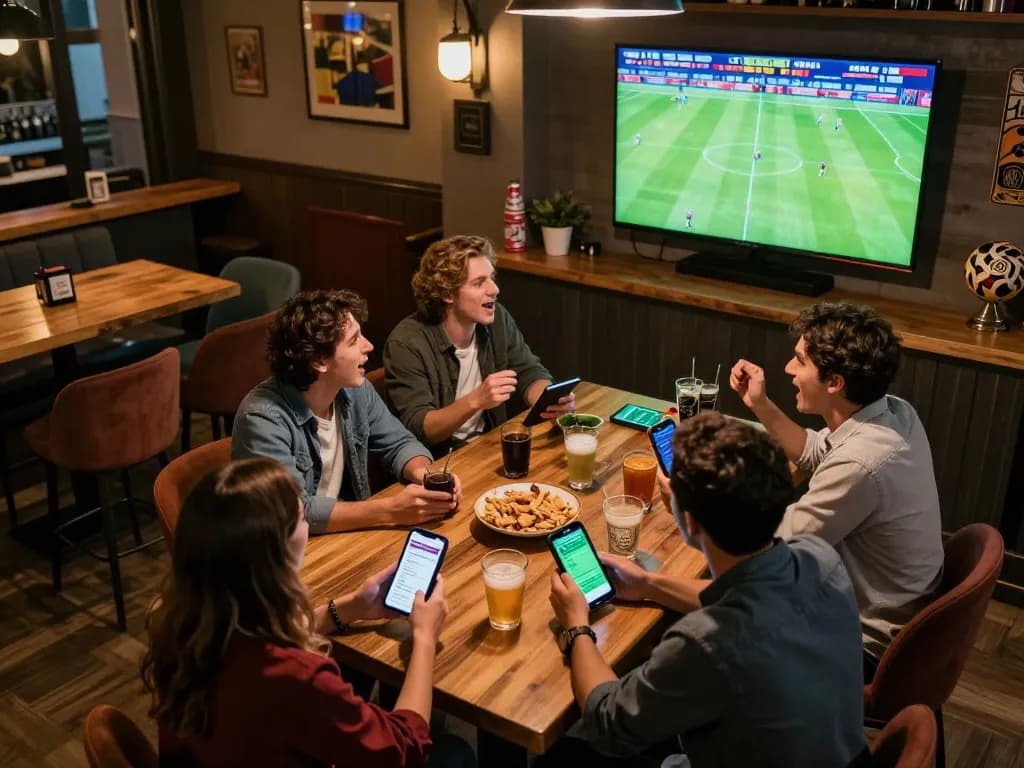 Friends enjoying live sports betting on okwintv while watching a match, showcasing excitement and camaraderie.