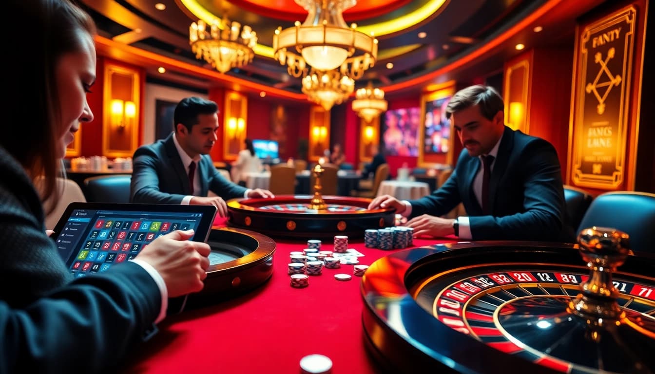 Players enjoying the excitement of FUN79 at a vibrant casino table with poker chips and roulette.