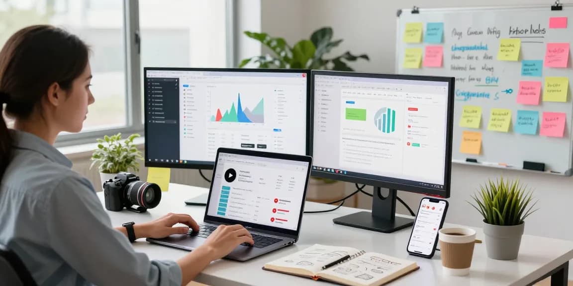 Analyzing metrics to buy real YouTube views at a vibrant digital marketing workspace