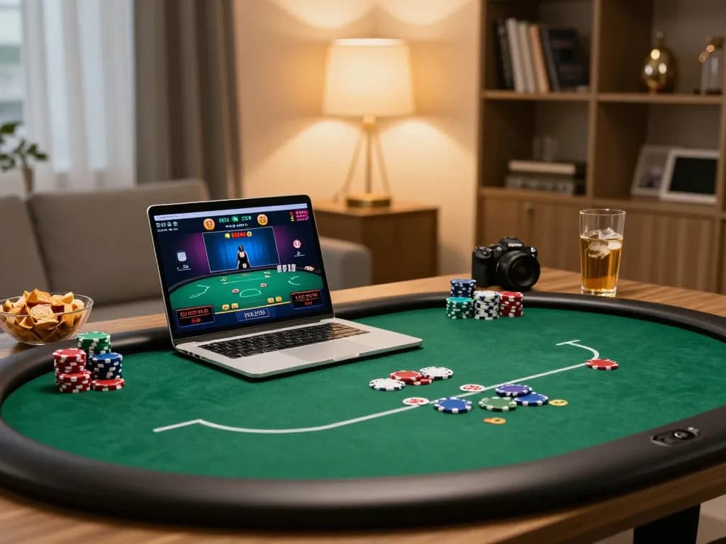 Engage in tg88 online poker action from a stylish home setup with laptop and chips on the table.
