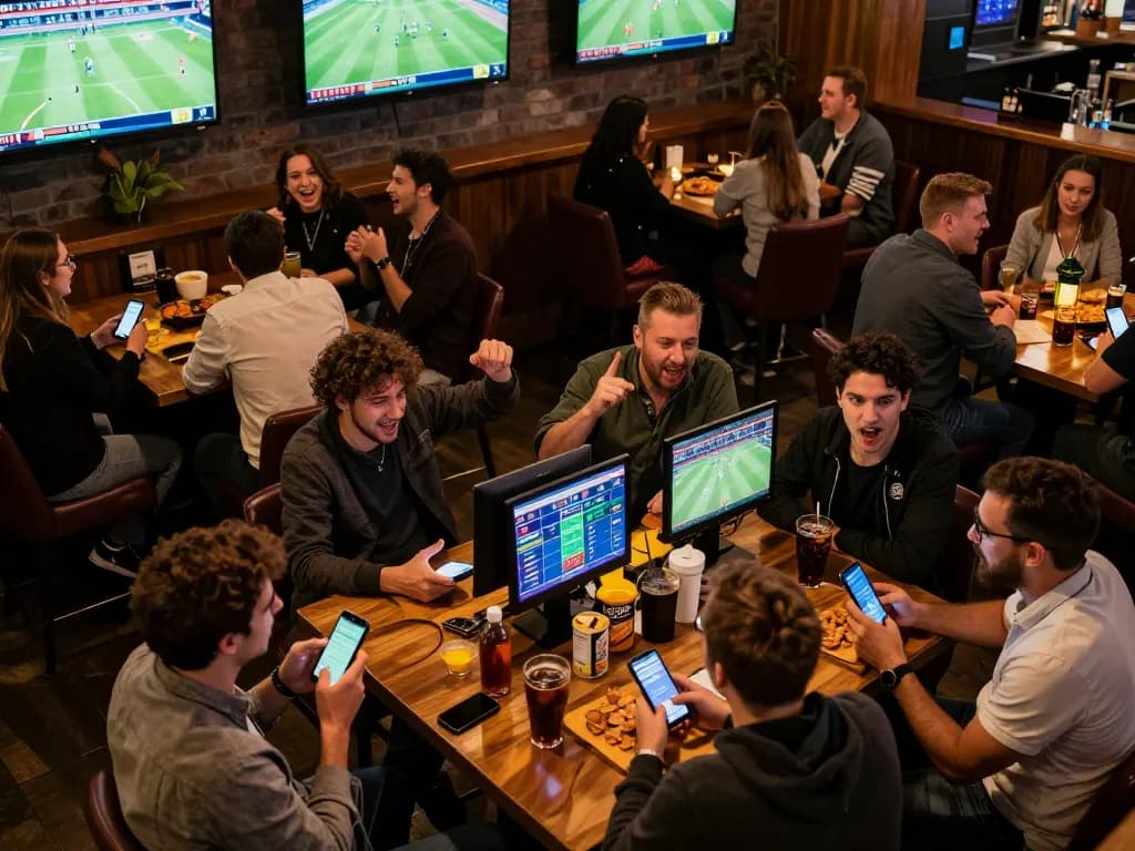 Engaging sports betting at a bar with excitement on screens, featuring https://soikeo.in.net/ action