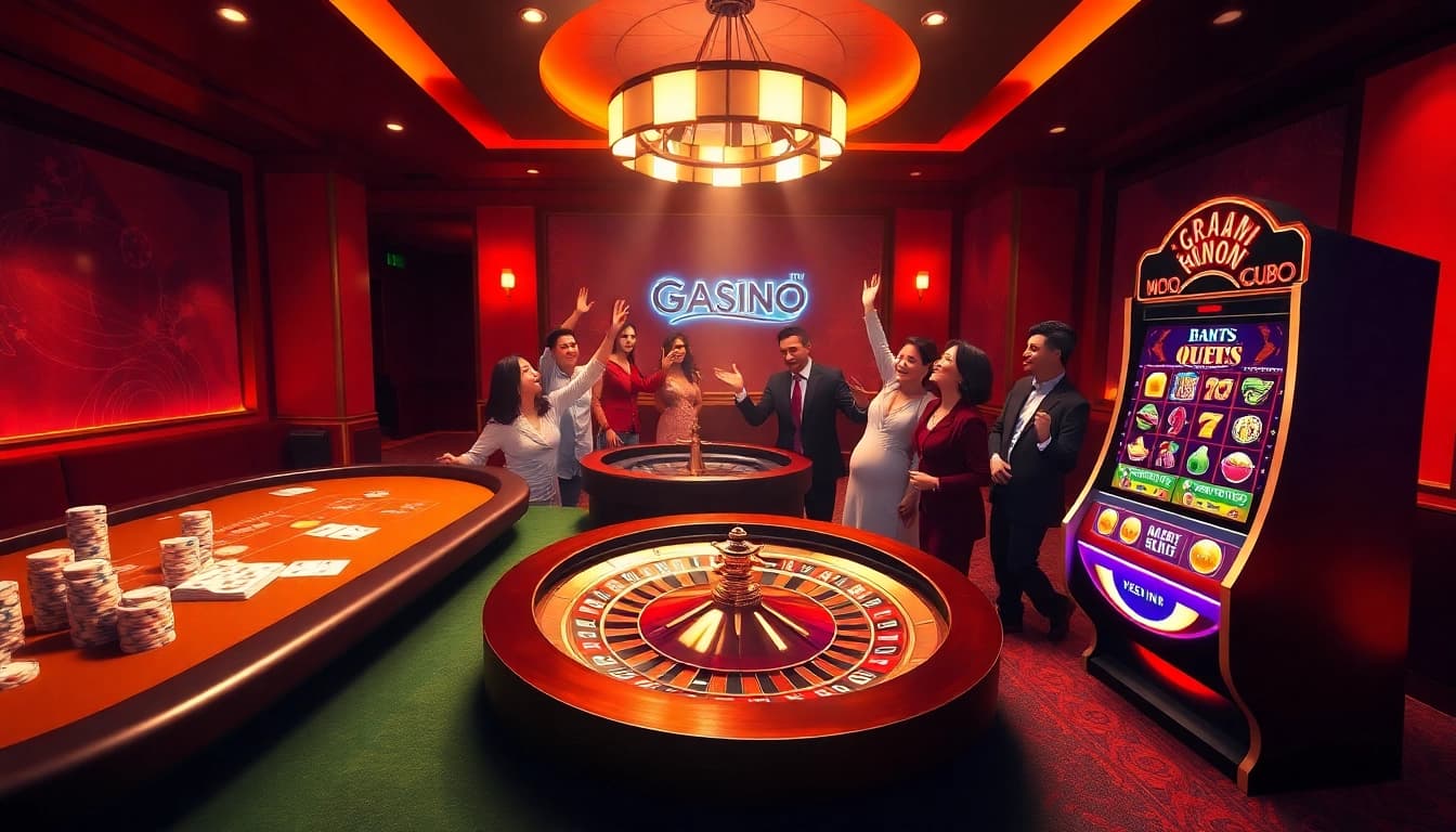 GACAM888 players celebrating wins at a luxury casino scene with vibrant poker and roulette.
