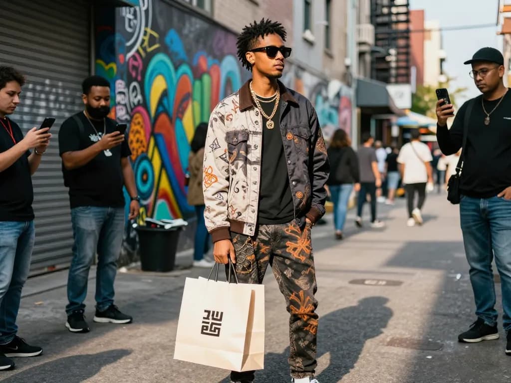 Trendy individual showcasing stylish 레플리카 accessories in a vibrant urban setting.