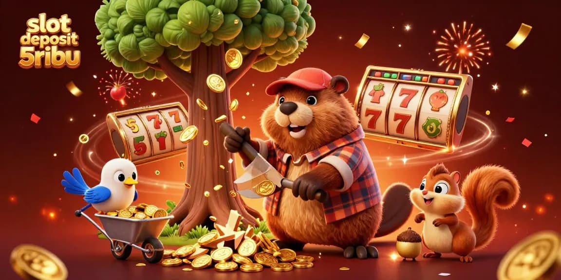 Experience excitement at slot deposit 5ribu with a beaver, bird, and squirrel in a magical casino scene.