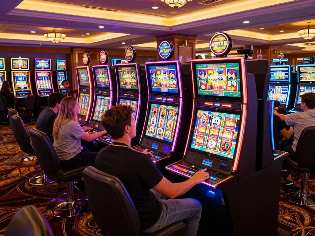 Players enjoying the excitement of link slot machines in a lively casino atmosphere.