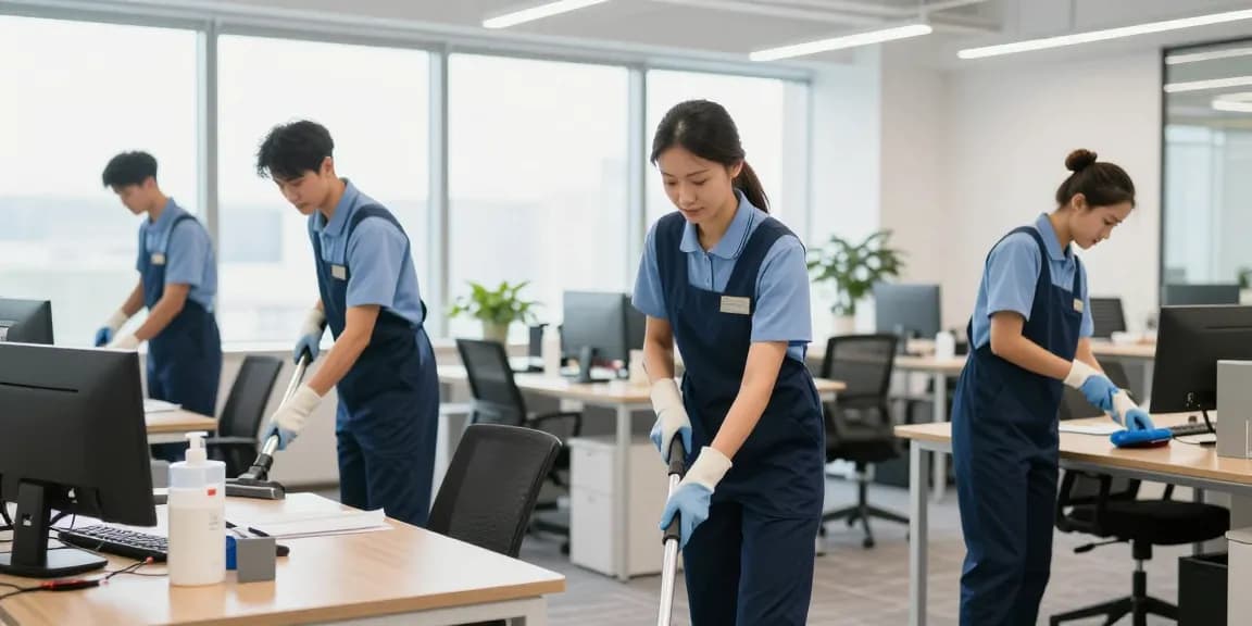 Putzfirma Dortmund in Aktion, Reinigungsteam sorgt für Sauberkeit in modernem Büro mit professioneller Ausstrahlung.