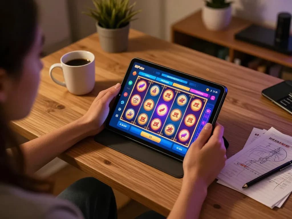 Pemain menikmati permainan slot di aplikasi 88Pulsa di suasana rumah yang nyaman, menampilkan gameplay yang hidup dan catatan strategi.