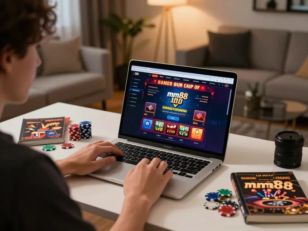 Playing mm88 online casino on a stylish laptop within a cozy home environment, highlighting a strategic gaming experience.