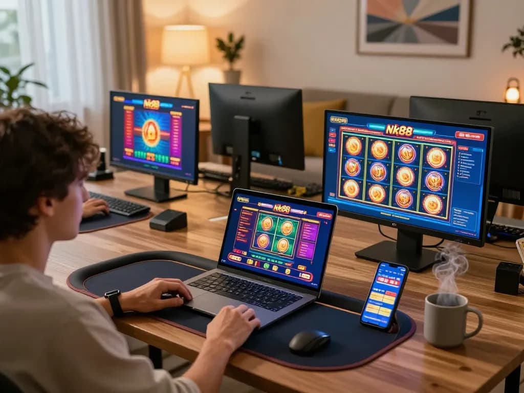 Nk88 user engaging in online gambling with multiple screens showcasing games and casino apps in a cozy home.