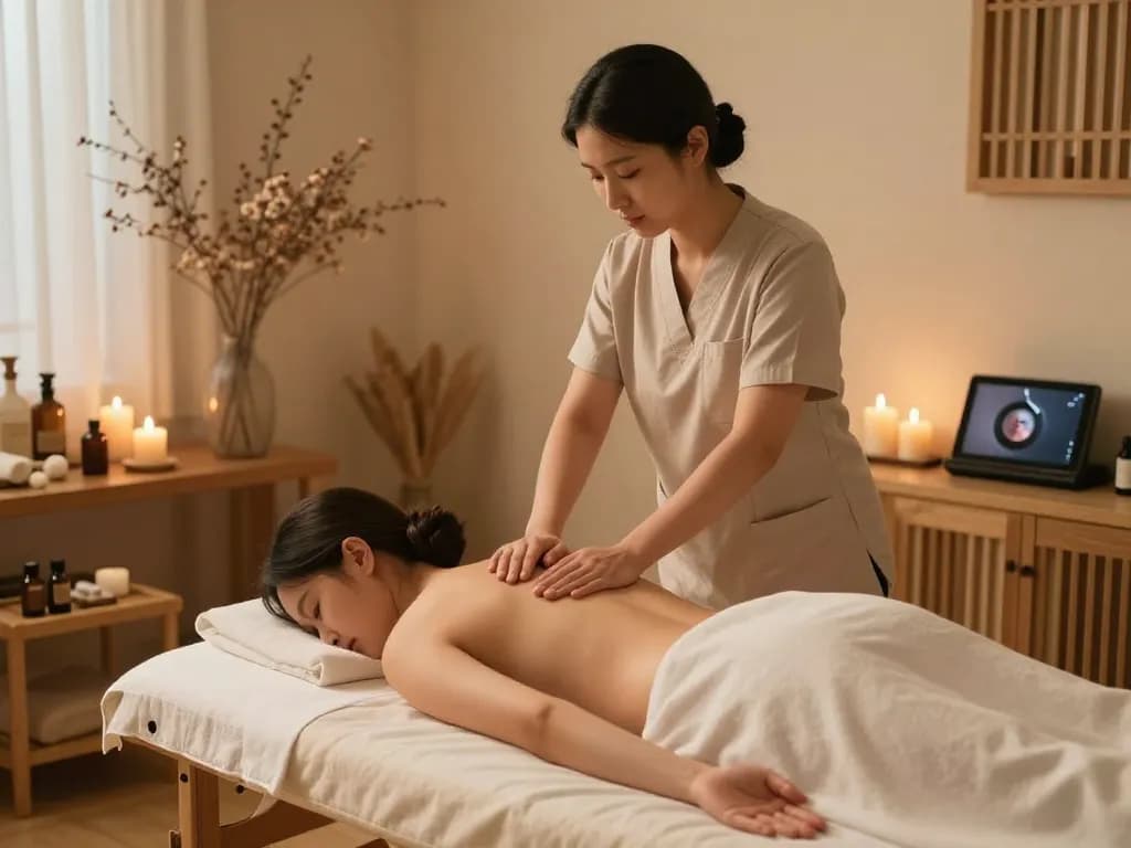 Relaxing 삼성동마사지 session in a serene wellness studio with soothing decor.
