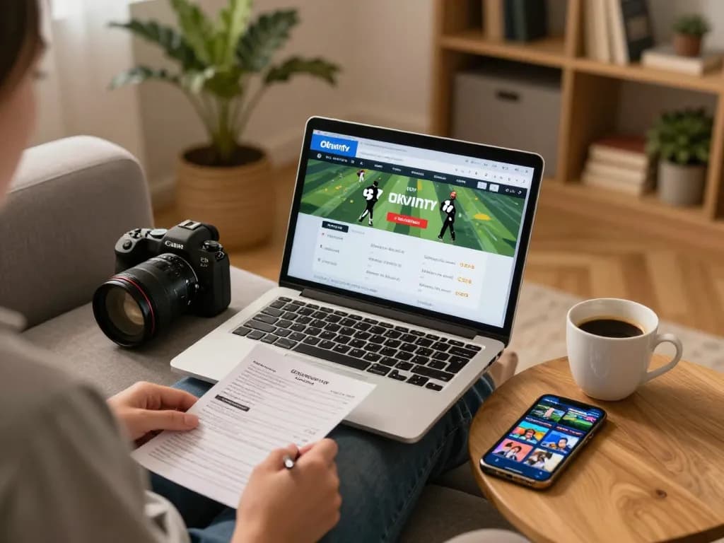 Person using Okwintv for online sports betting on a laptop in a cozy home setting