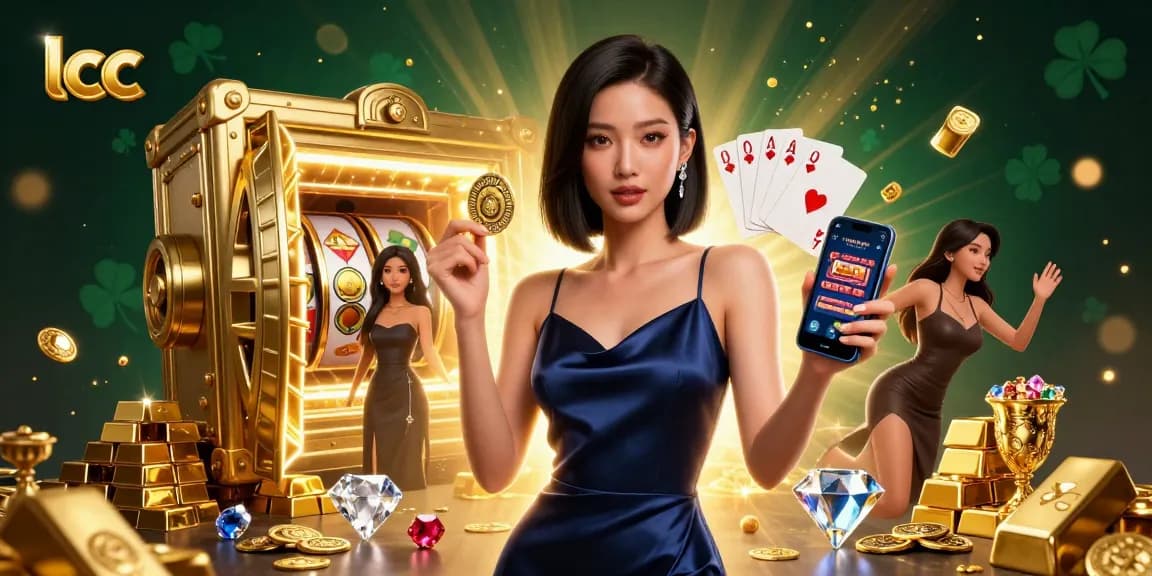 Join the excitement at lcc with a stunning Asian woman holding golden chips and a casino app.