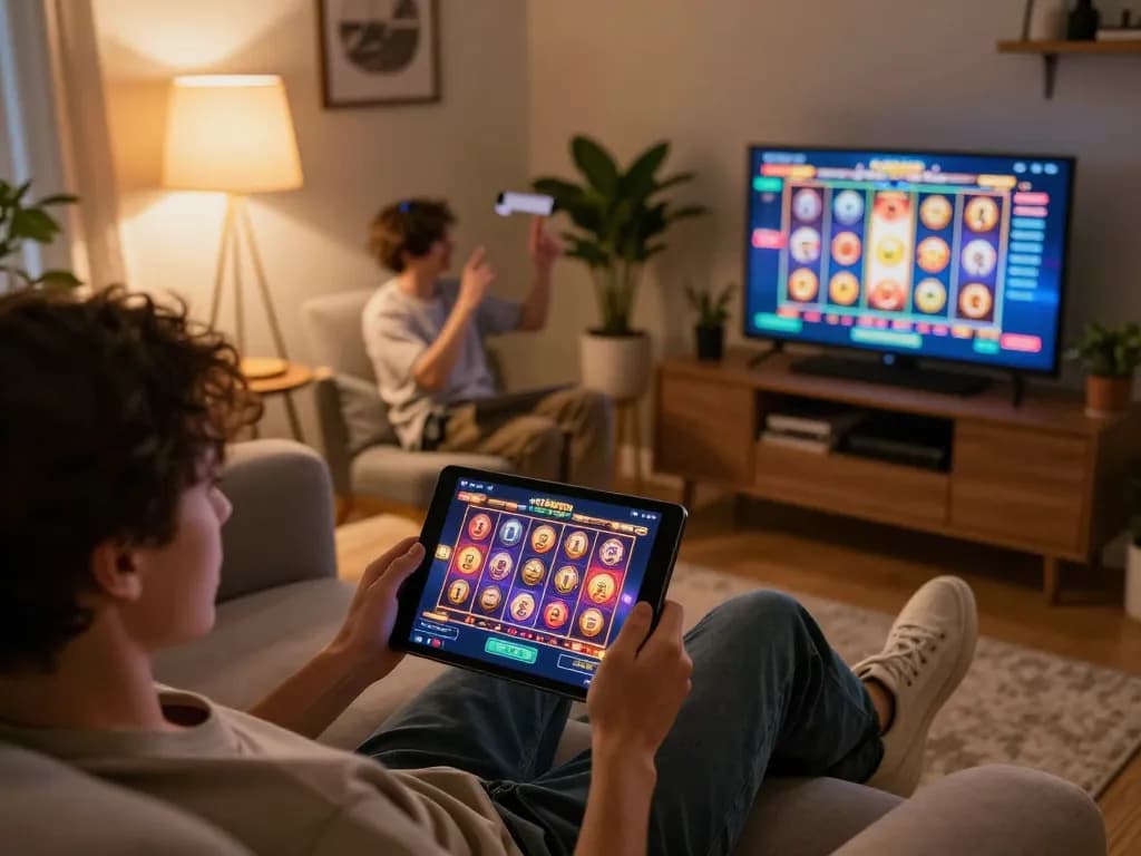Player enjoying RR88 online slots on a cozy sofa, showcasing engaging gaming experience.