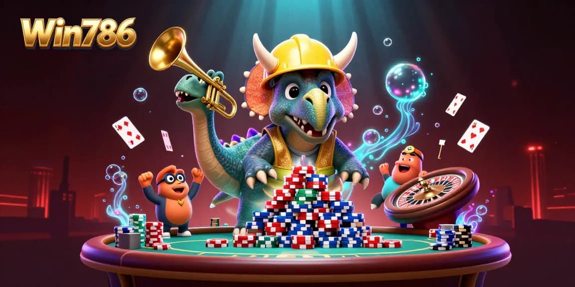 Win786 showcases a vibrant 3D scene with casino characters celebrating, enhancing the online gambling experience.
