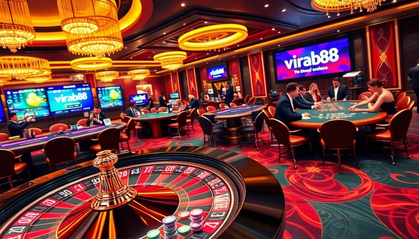 Players enjoying vibrant casino games, featuring viral88 digital signage in a thrilling atmosphere.