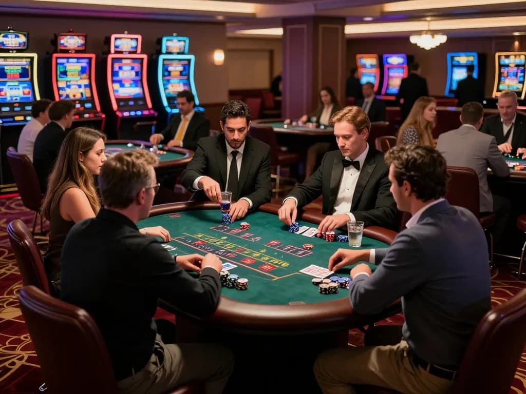 Players engaged in blackjack at a casino table, strategizing with situs 1k ambiance under dynamic lighting.