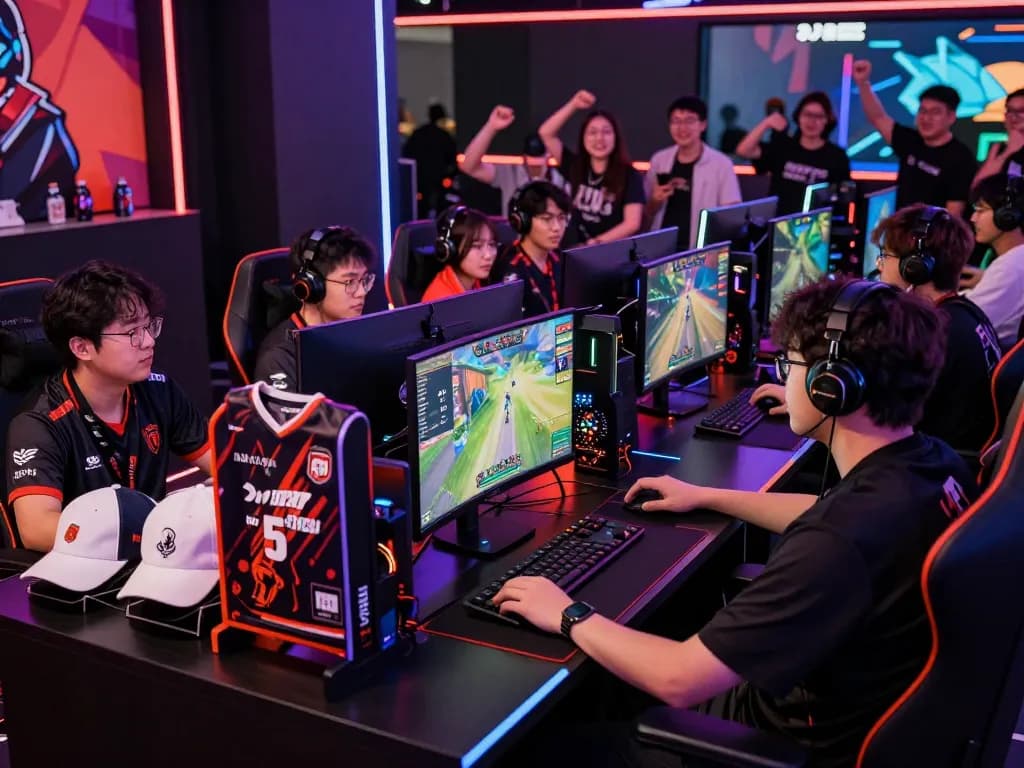 Gaming enthusiasts celebrate at ligasedayu esports tournament, showcasing lively atmosphere and branded merchandise.