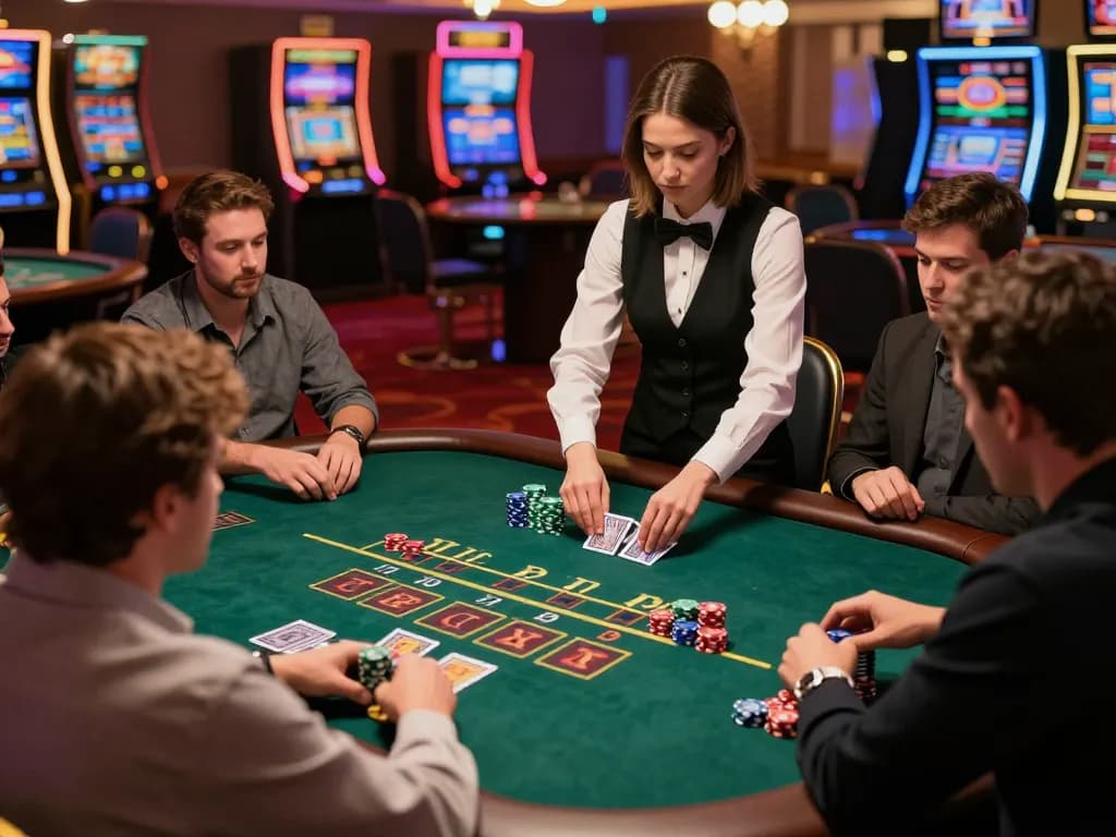 Intense blackjack game at KP88 casino showcasing players deeply engaged in strategic gameplay.