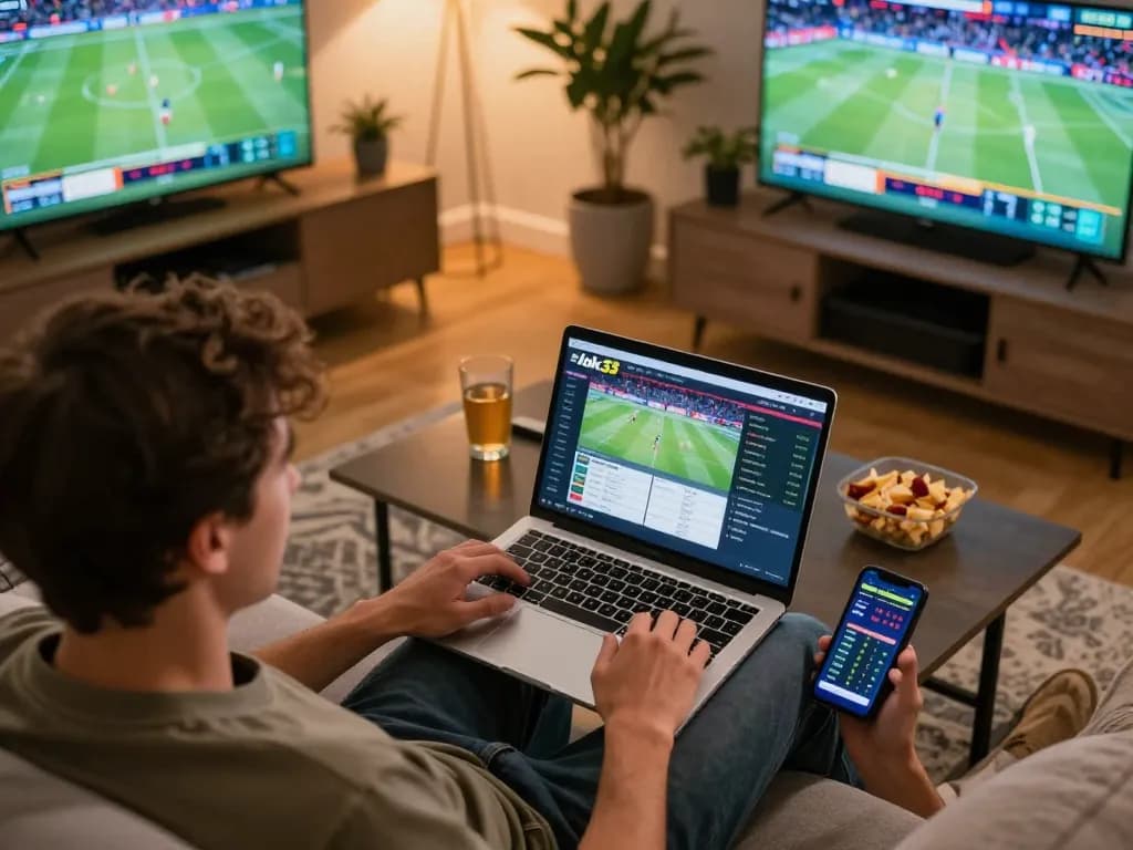 Bettor engaging with bk33 on laptop during an exciting sports game with live updates.