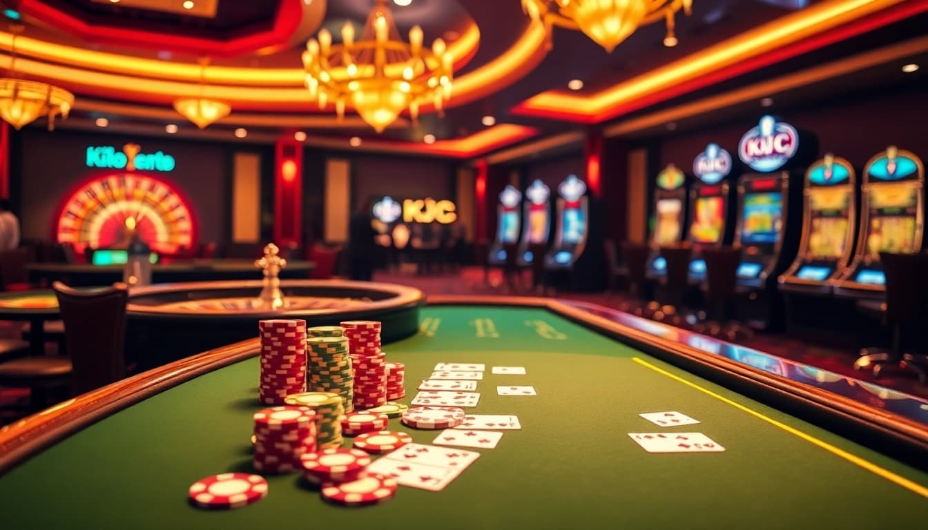 KJC online gaming scene featuring a luxurious poker table and vibrant slot machines.