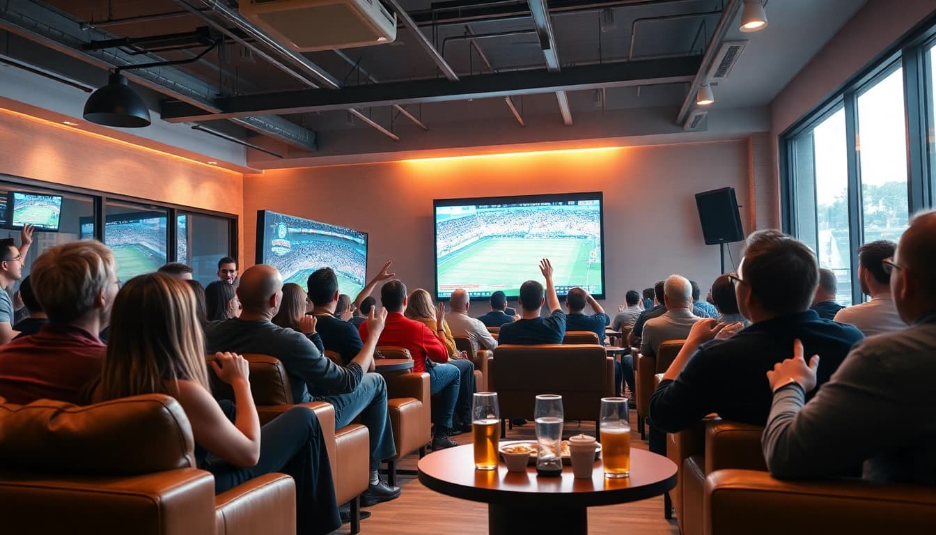 Gather sports fans enjoying a live event in a community setting, representing 토토스토리's engaging atmosphere.