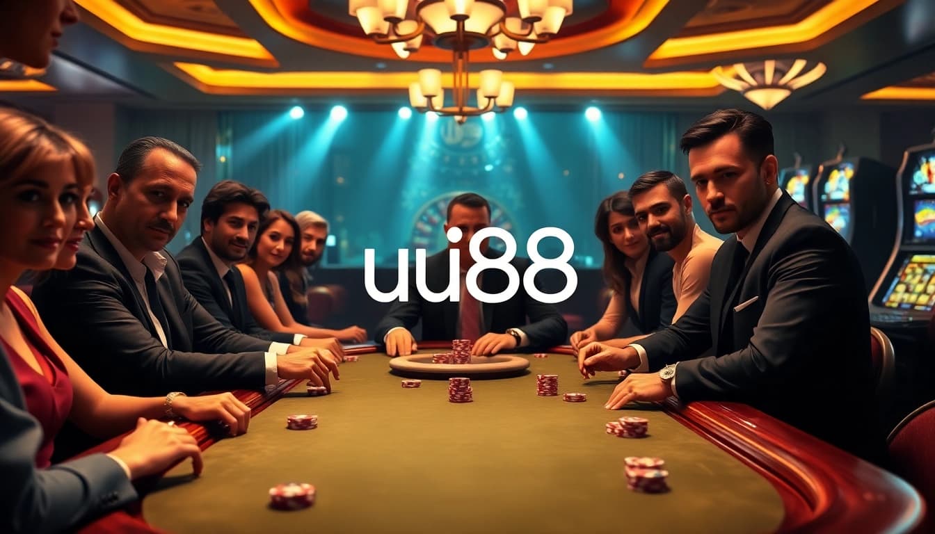 Engage with uu88's thrilling poker action at a luxurious casino table adorned with vibrant chips.