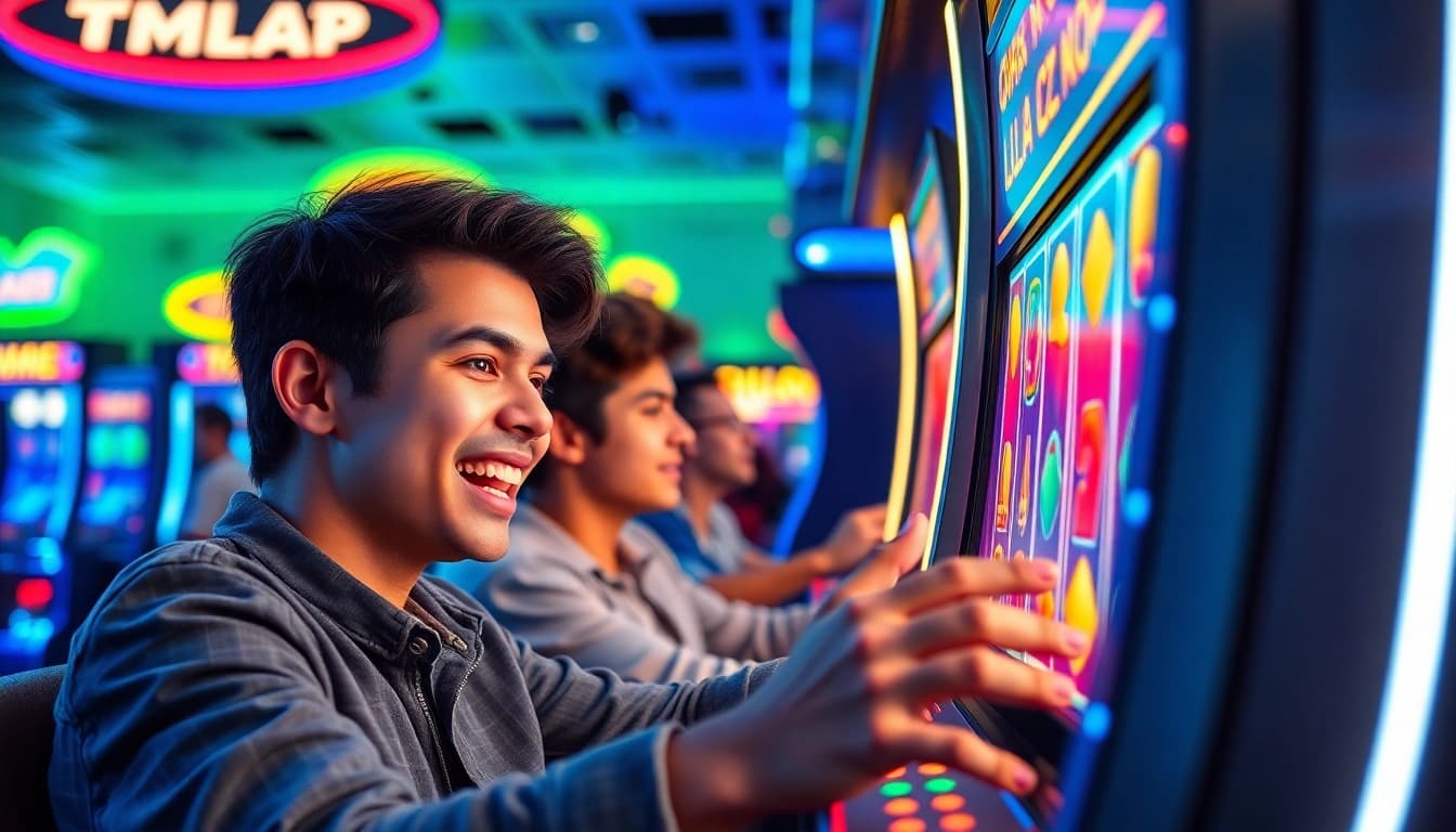 Menangkan di ondel4d slot dengan gamer ceria memainkan mesin slot online di arcade.