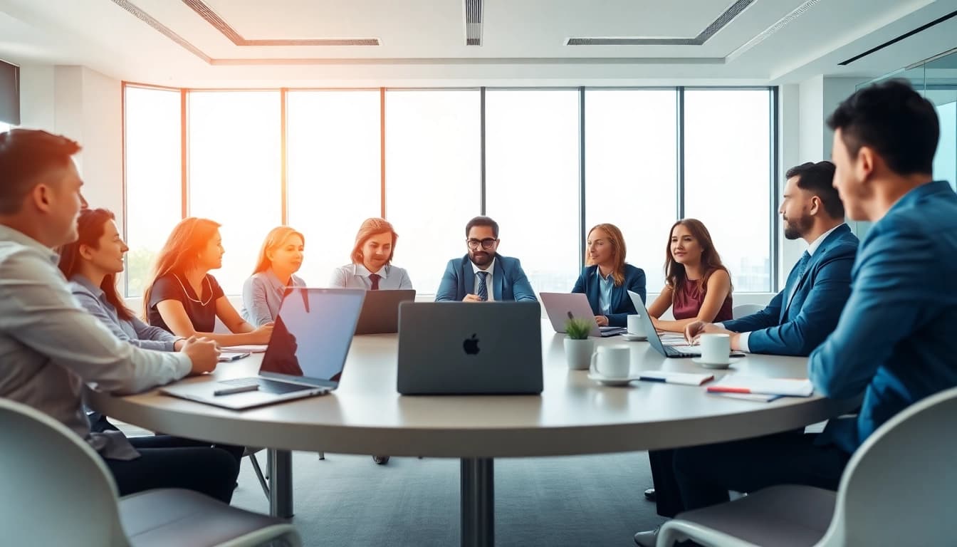 Engaged professionals discussing business strategies in a modern conference room.