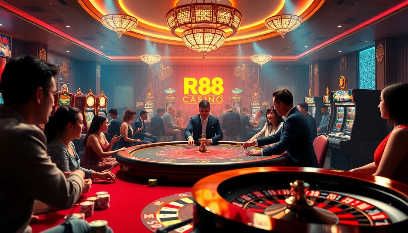 Players enjoying a thrilling game at the RR88 casino poker table with vibrant chips and a roulette wheel.