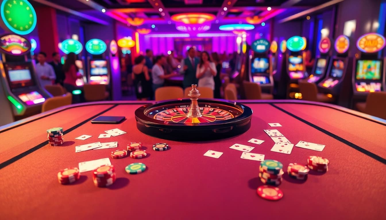 33WIN poker players engaging around a vibrant gaming table filled with colorful chips.