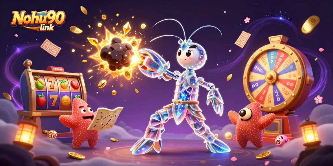 Nohu90 link showcases a vibrant 3D illustration of a mantis shrimp amidst exciting casino gaming elements.