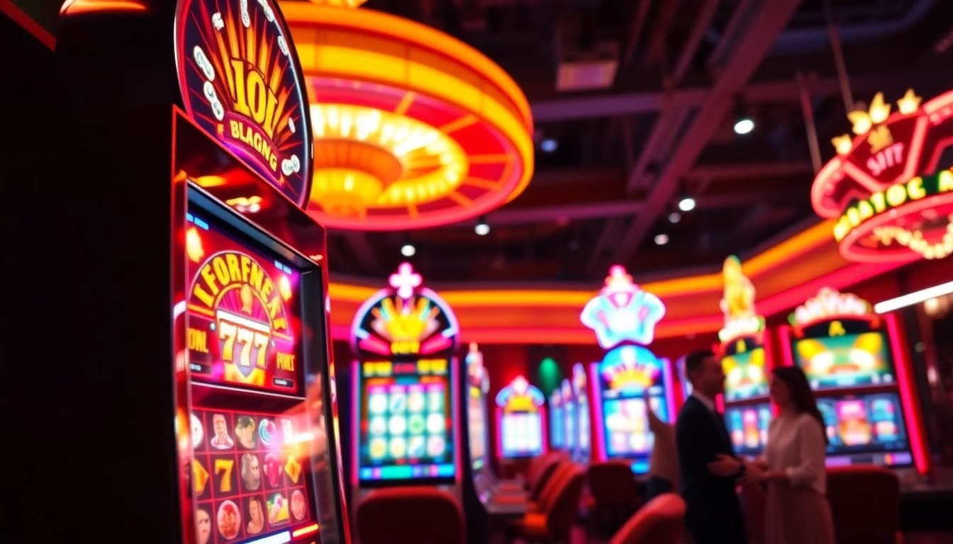 Menggambarkan situs slot777 dengan mesin slot penuh warna dan pemain antusias di kasino.