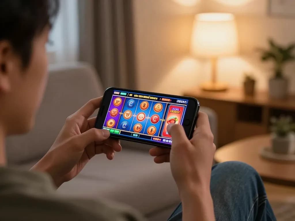 Playing exciting slot games on smart device in a cozy home setting.
