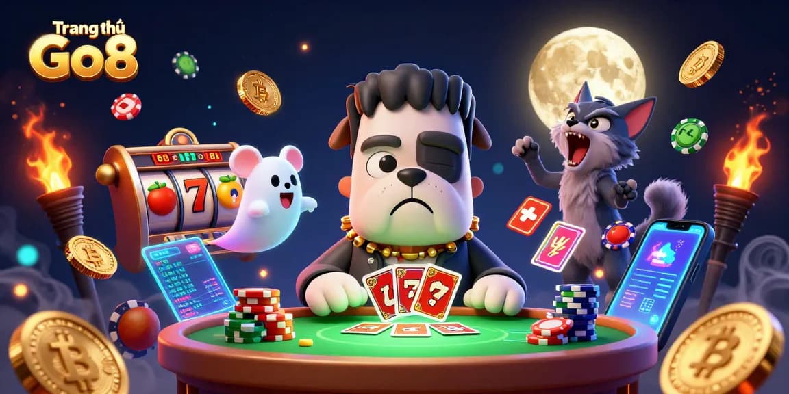 Experience the action at Trang chủ Go8 with vibrant slot reels and whimsical casino characters.