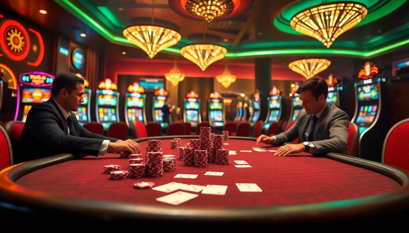 K9k9 casino vibrant gaming scene with poker chips, cards, and slot machines showcasing thrilling bets