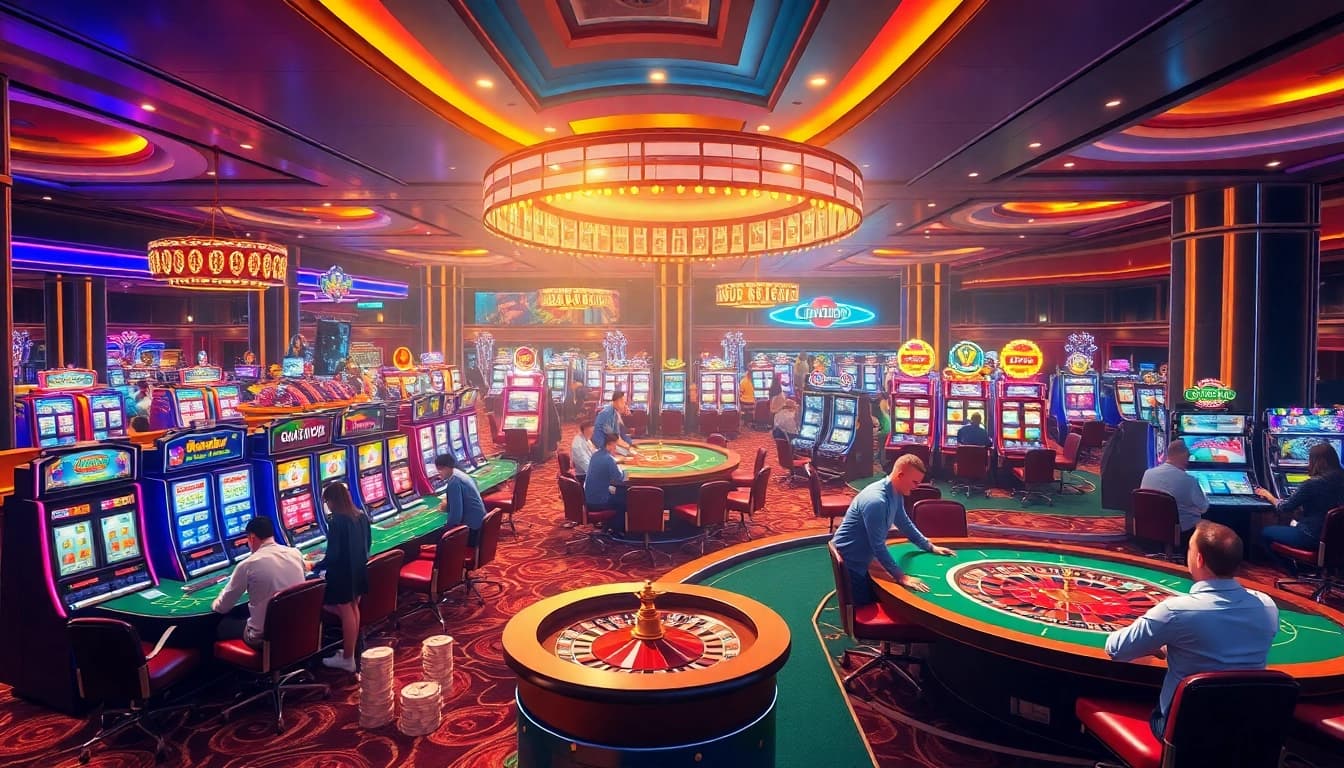 Experience the vibrant gambling world of KJC AC 1 with players enjoying casino tables and slot machines.