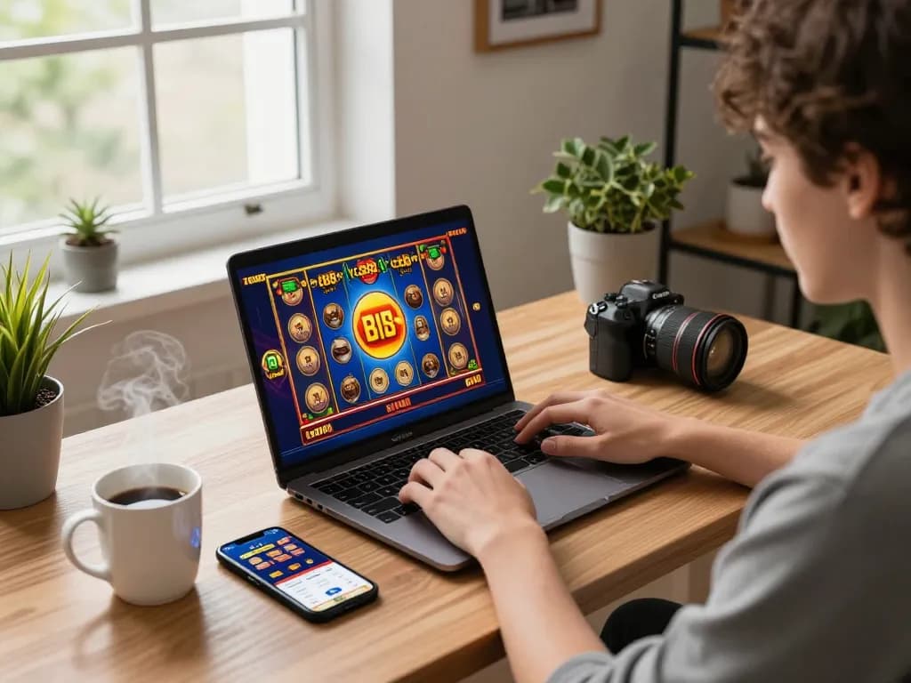 Engaging gameplay on lc888 with vibrant slot graphics, showcasing a relaxed online gaming setup.