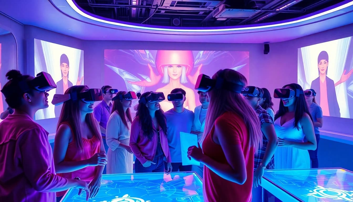 Engaging scene of users interacting with nsfw AI characters in a vibrant virtual lounge.