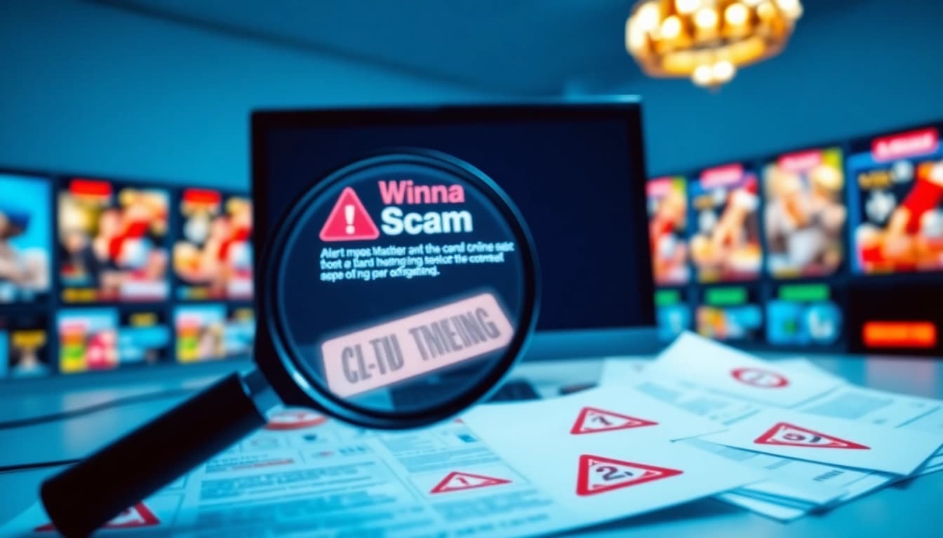 Investigate winna scam implications with a magnifying glass on a computer screen warning about online gambling fraud.