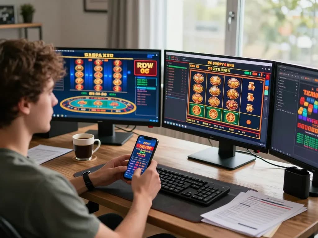 Player engaging with online casino games on screens, showcasing win68 excitement and strategy.