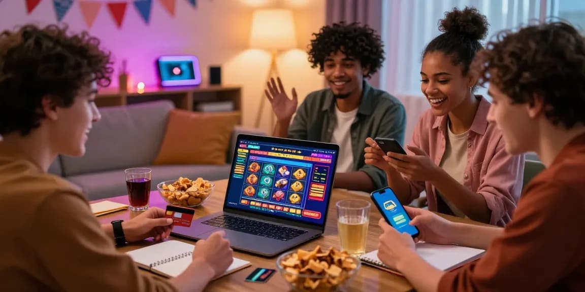Friends engaging in online gaming at credit card casinos for UK players, showcasing excitement and social atmosphere.