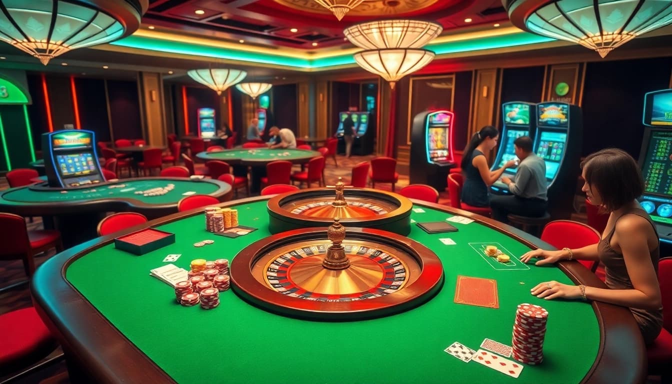 Experience thrilling gambling action at Hi88 with vibrant casino tables and poker chips.