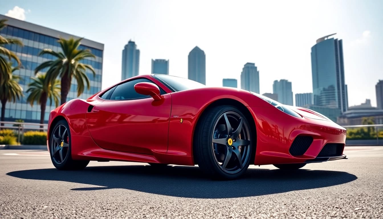 Buy used Ferrari in Gauteng with a stunning red Ferrari parked against Johannesburg's skyline.
